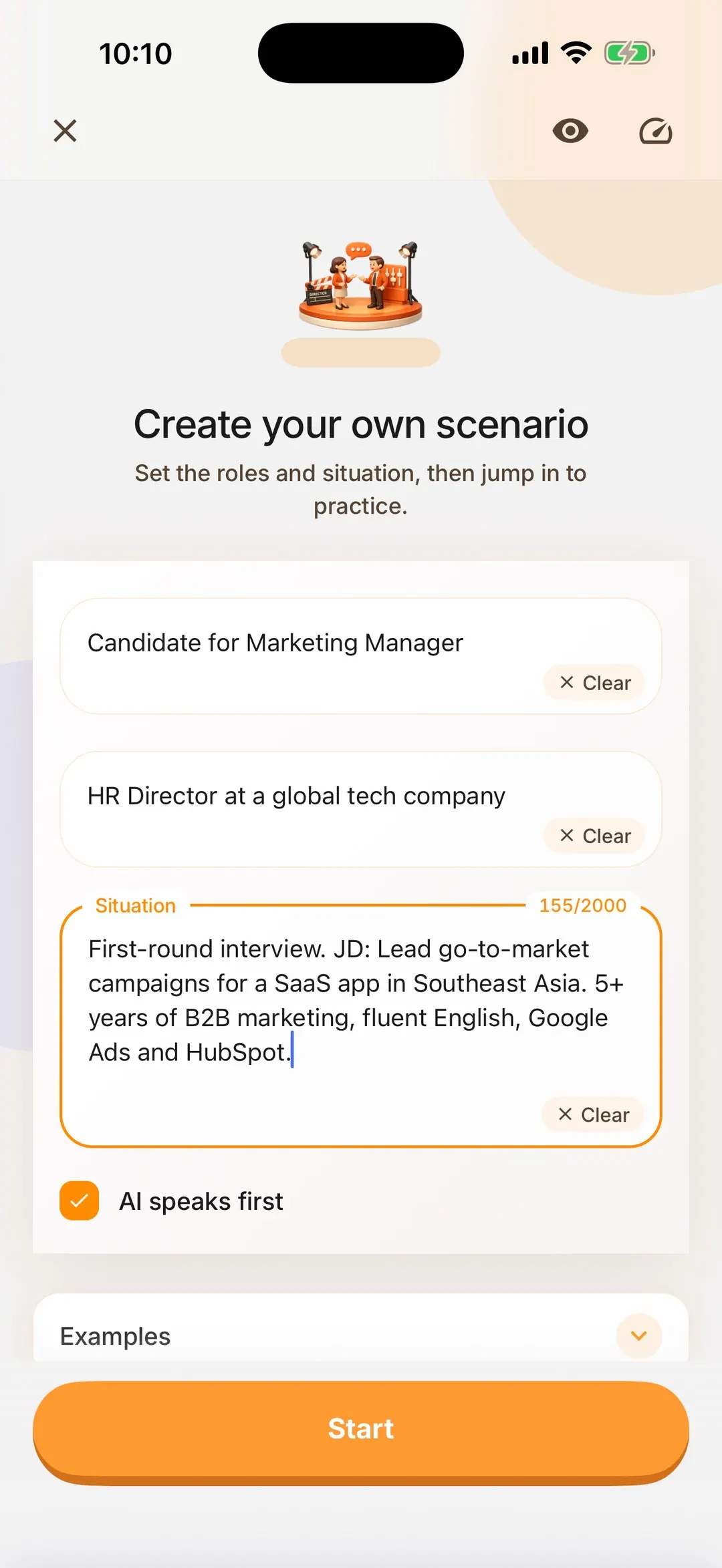 Chamate custom scenario screen with three fields: your role, the AI's role, and the situation