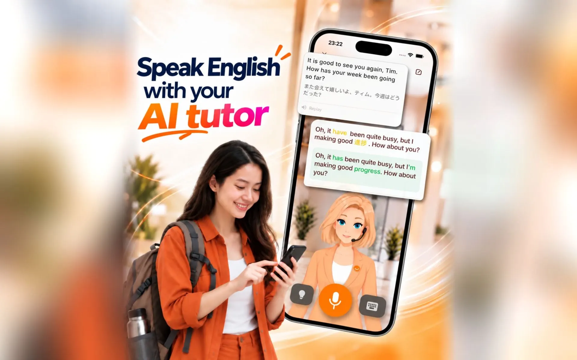 A learner practicing English with Chamate on her phone, with the chat screen correcting her sentence into proper English