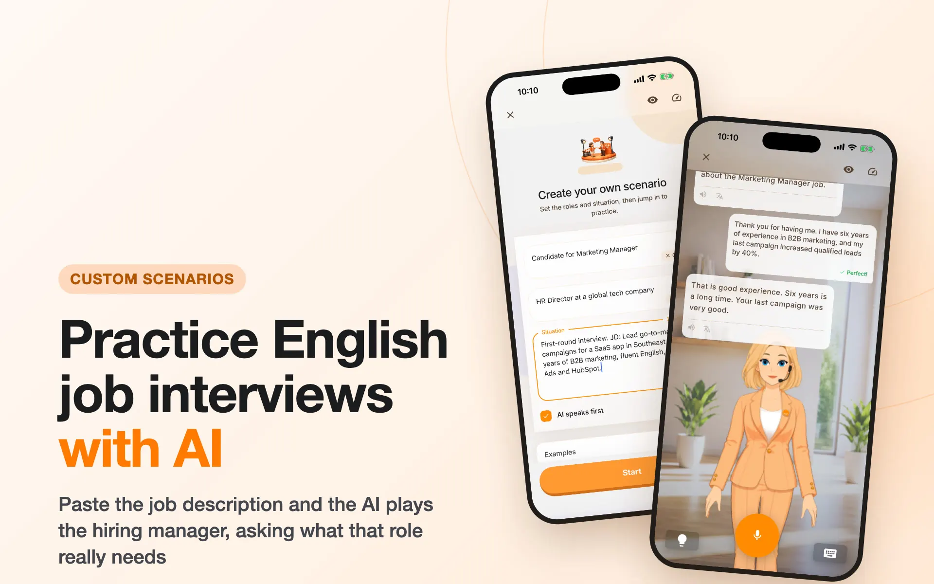 Poster reading Practice English job interviews with AI, with two Chamate screens: a custom scenario with a pasted job description and an interview in progress