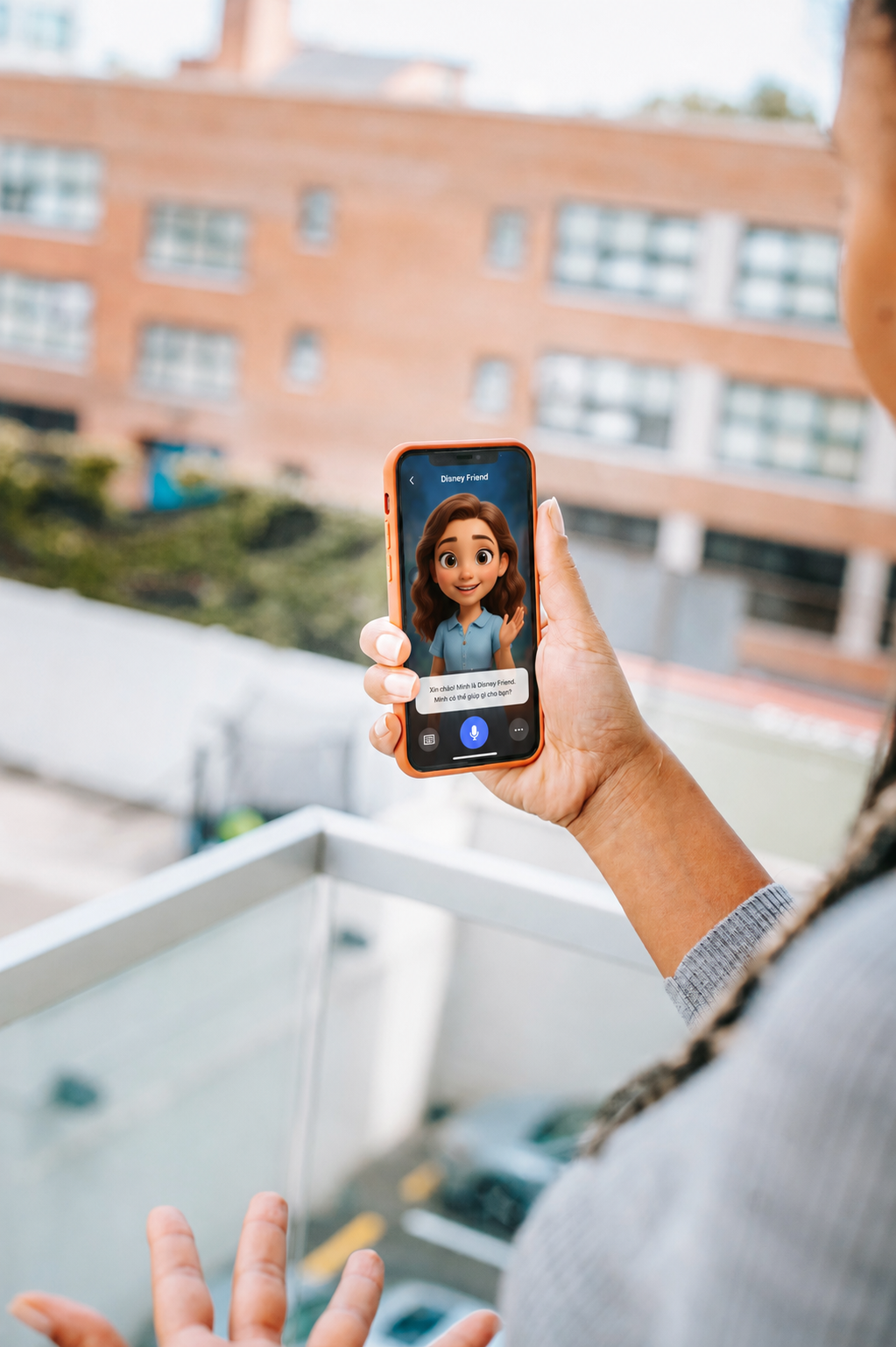 A learner holding a phone and practicing English speaking with AI